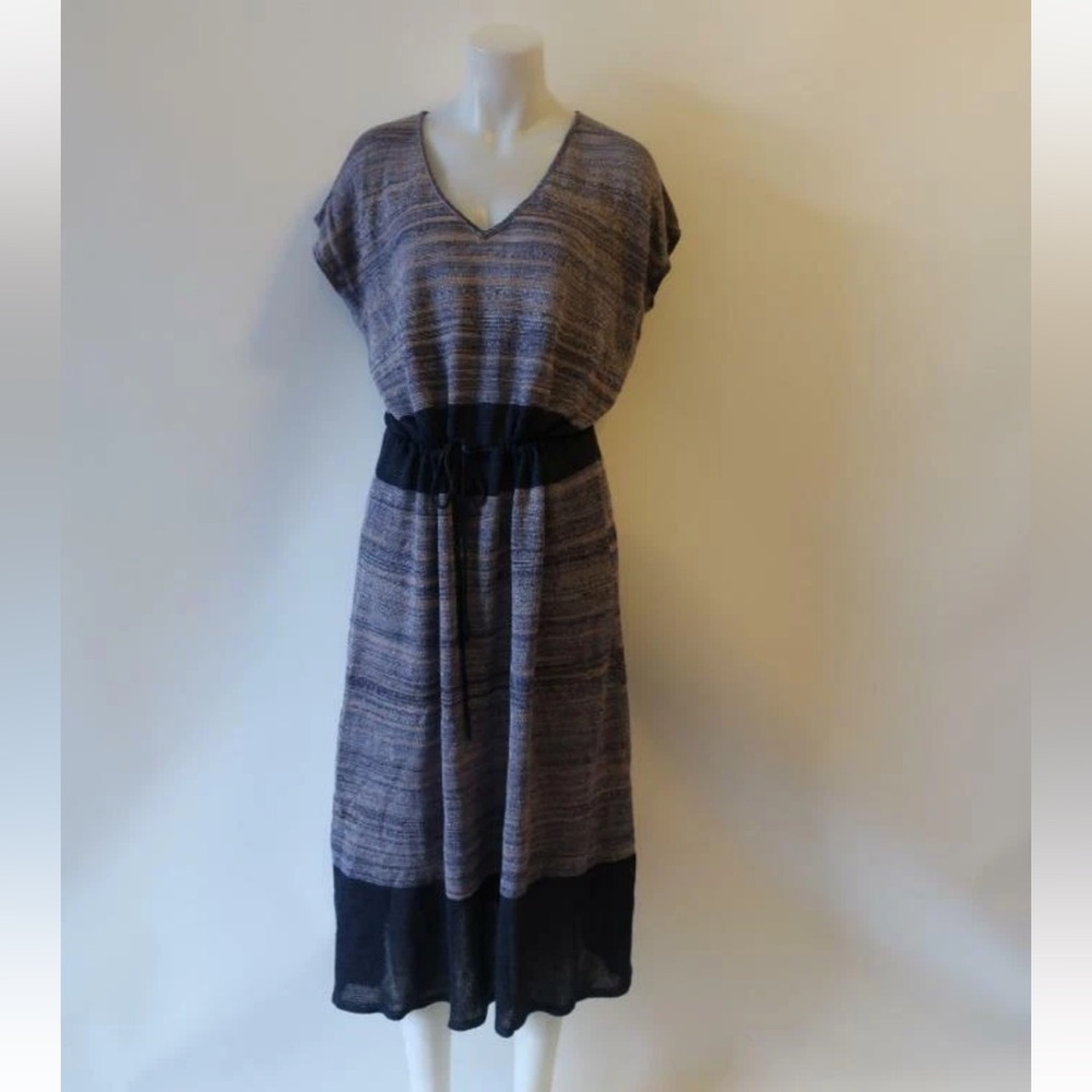 (EUC) Joan Vass V-neck Easy Dress- Navy Short Sleeve Knit Linen Blend- Size 3/16